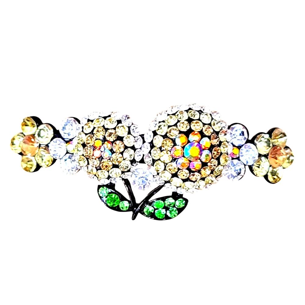 Beautiful Yellow Peach Crystal Green and Gold Rhinestone Hair Barrette